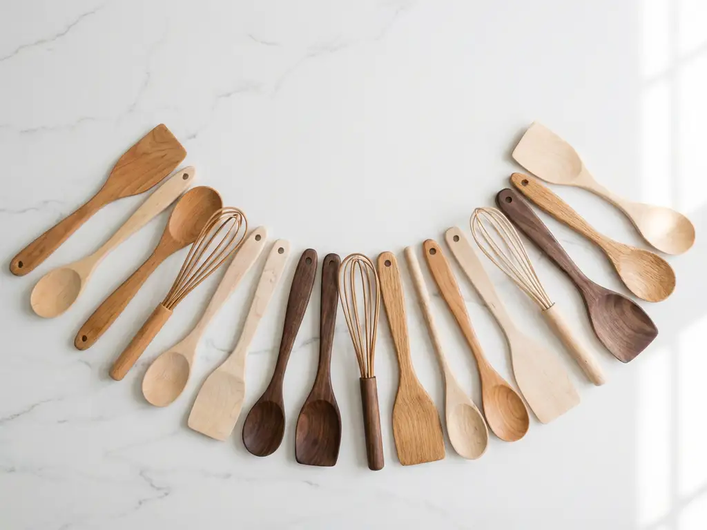Wooden kitchen utensils arranged in curved line on white marble countertop with natural lighting and minimalist styling