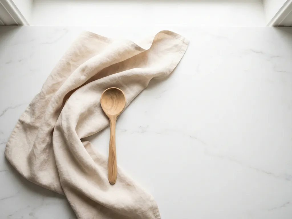 Wooden spoon on white marble surface with flowing beige linen fabric in minimalist composition
